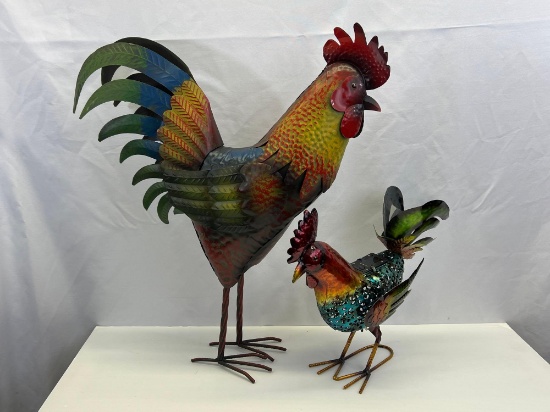 2 Metal Rooster Sculptures- One Large, One Small