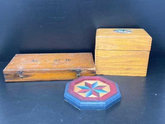 2 Wooden Lidded Boxes and Decorative Wood Plaque