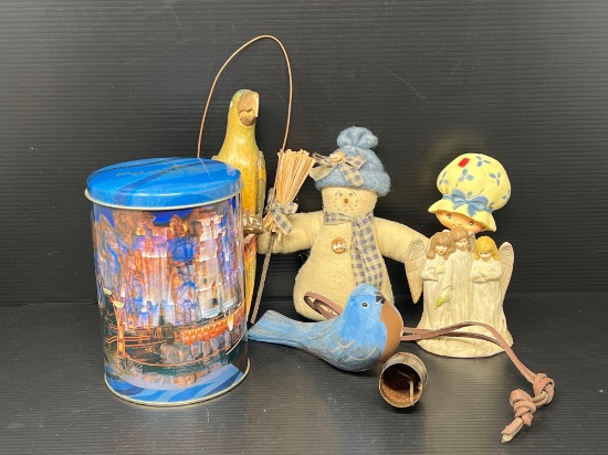 Wood Carved Parrot, Decorator Tin, Snowman, Bird, Angels, Girl Figure