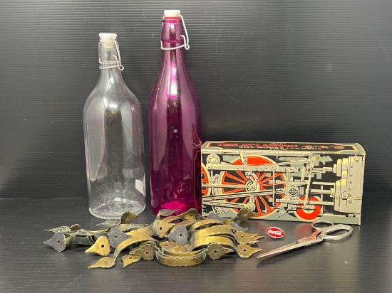 2 Bottles with Wire Toppers, Drawer/Cabinet Handles, Scissors & Avon The Atlantic 4-4-2 Cologne ,