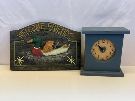 Welcome Friends Mallard Sign, Country Clock in Blue Paint