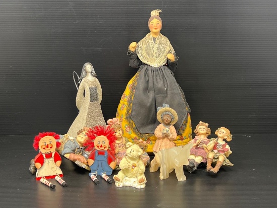 Grouping of Figures- Raggedy Ann & Andy, Little Girls, Teddy Bear, Stone Animal, Etc.