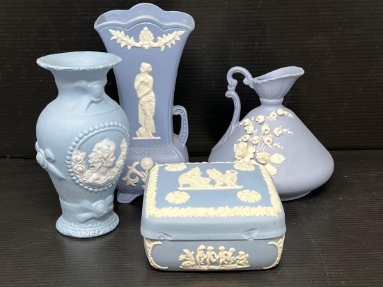 4 Wedgwood Type Pieces, Only Lidded Box is Marked