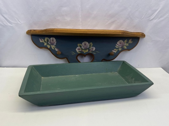Wooden Wall Shelf with Tole Painting and Wooden Trencher