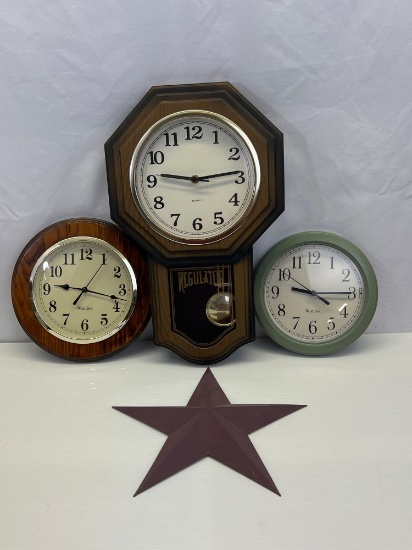 3 Wall Clocks and Metal Star