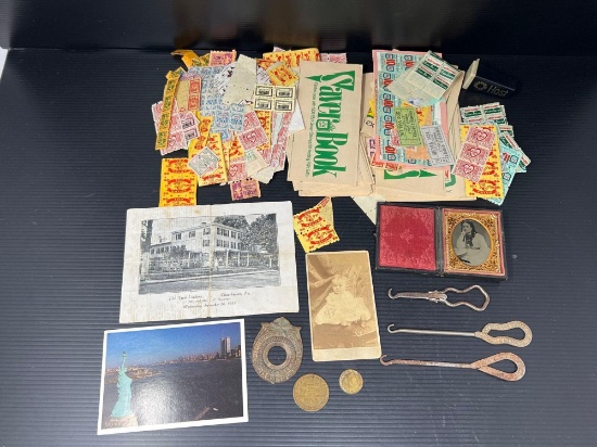 S & H Green Stamps Booklets and Loose Stamps and Cased Tintype of Woman