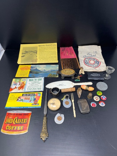 Advertising Ephemera and Items, Letter Opener, Sugar Bag, Hand Fan, Antique Matchcase