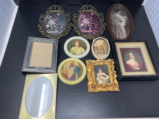 Framed Portrait Prints, 2 Metal Framed Florals, 2 Empty Frames