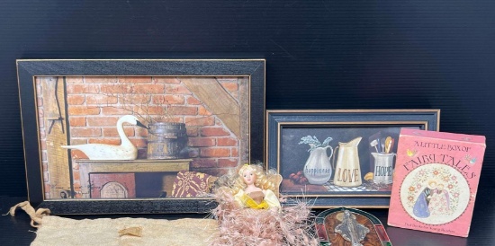 2 Framed Country Prints, Fairy Tale Books Boxed Set, Religious Icon, Safety Pin and Corn Shucker