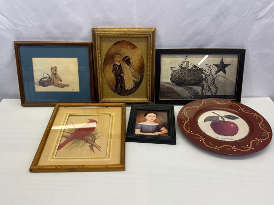 Framed Items- Country Prints, Cardinal, Portraits, Plate with Apple