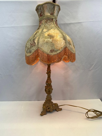 Victorian Style Metal Lamp with Tapestry and Fringe Shade