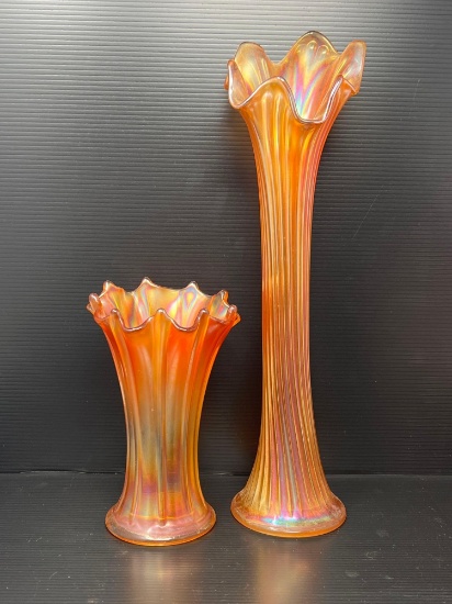 2 Carnival Glass Marigold Ribbed Vases