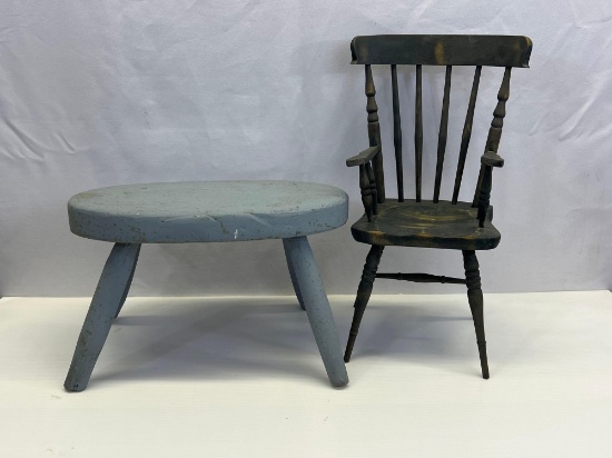 Oval Blue Wooden Stool and Spindle Arm Chair