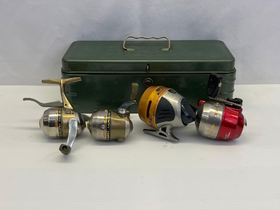 Metal Tackle Box and 4 Fishing Reels