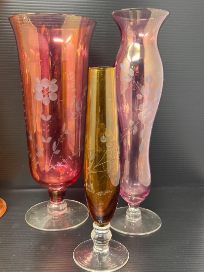 Vintage Colored Glass and Frost Etched Vases