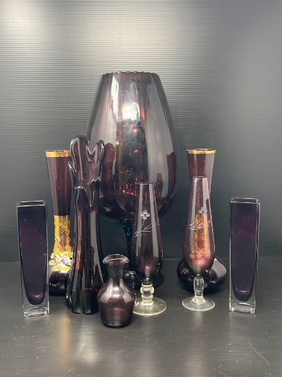 Large Lot Amethyst Glass Vases