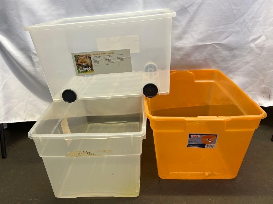 3 Plastic Storage Totes- One with Wheels, No Lids