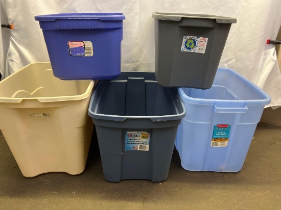 5 Storage Totes Including Sterlilte, Rubbermaid, Cornerstone- No Lids