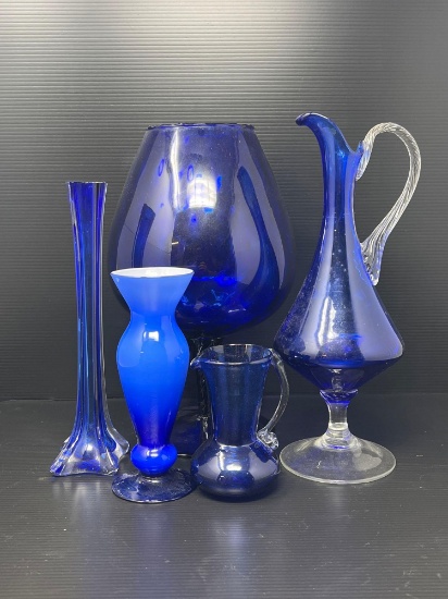 Blue Glass Vases, Ewer and Small Creamer