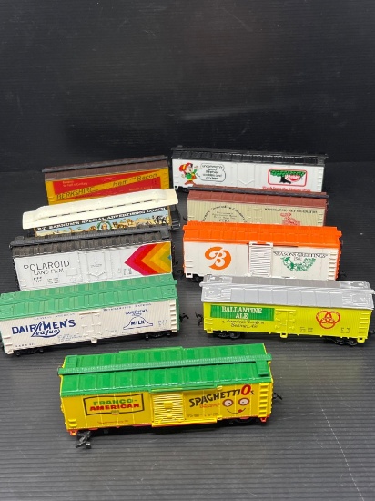 9 Train Cars- Spaghettios, Dairymen's League, Polaroid, P.T. Barnum, Berkshire, Ballatine Ale