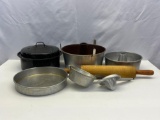 Vintage Metal Cookware, Bakeware and Wooden Rolling Pin