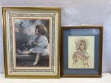 Framed Print of Girl with Bird and Framed Cross-Stitch of Girl with Doll