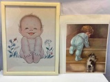Framed Print of Baby, Unframed Print of Toddler and Puppy on Steps by Bessie Pease Gutmann