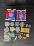 2 Olympic Medallions, President & State Token Coins, 1951 PA License Tag, Pins, Key Rings