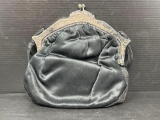 Leather Coin Purse with Embroidered Interior, Silverplate Clutch
