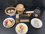 3 Small Collector Plates, Miniature Basket, Signs and 2 Pieces of Stoneware
