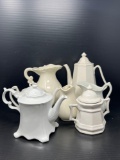 2 Ironstone Coffee Pots, Lidded Sugar, 2 Creamers and Pitcher