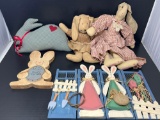 3 Stuffed Rabbits, Wooden Rabbit with Egg and Pair of Rabbits Wall Hanging