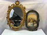 Gilt Framed Mirror and Oval Frame with Portrait of 2 Children