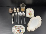 3 Trays, 5 Spoons, Silver Plate Salt & Peppers, Enameled Container & Glass