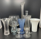 Clear, Blue & White Glass Vases