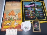 January 1974 Calendar, Handkerchief, Asian Painted Cloth & Tinsel Painting
