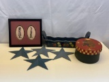 4 Metal Stars, Framed Cross-Stitched Amish Children, Lidded Round Box and Painted Wooden Box