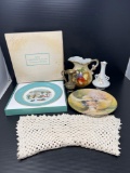 2 Collector Plates, 2 Small Vases, Creamer, Crocheted Table Cover
