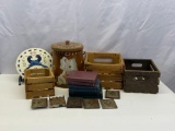 3Small Wooden Crates, Bunny Decorated Lidded Bucket, Books, Plaque 6 Metal Key Locks,