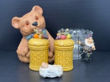 Chalkware Bear, 2 Lidded Canisters, Glass Bowl, Baby Jesus Figure and Elf Climbing Ladder