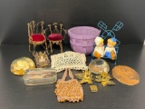 Dolls Chairs, Paperweights, Dutch Couple Figures, Candle Holders, Basket, Beaded Purse, Sachet