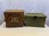 Picnic Basket with Swing Handles, Lid and Eagle Emblem and Green Plastic Lidded Box