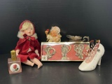 Porcelain Doll, Gorham Angel Ornaments, Silver Plate Creamer, Shoe Pin Cushion, Girl Figure