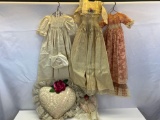 3 Doll Dresses, Heart Pillow with Crocheted Cover