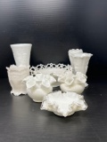 Milk Glass Grouping- Ruffled Bowls, Vases, Spooner