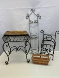 Wrought Iron Stand, 2 Wrought Iron Wall Plate Holders and Metal/Rattan Basket