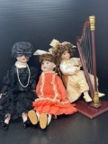 3 Porcelain Dolls- One with Harp