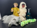 2 Dolls, Ty Caterpillar, Teddy Bears, Cat and Doll Stand