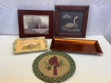 Framed Country Prints, 2 Trays and Braided Cardinal Hot Pad