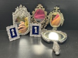 Metal Framed Mirrors Including Hand Mirror and Pair of Framed Praying Children